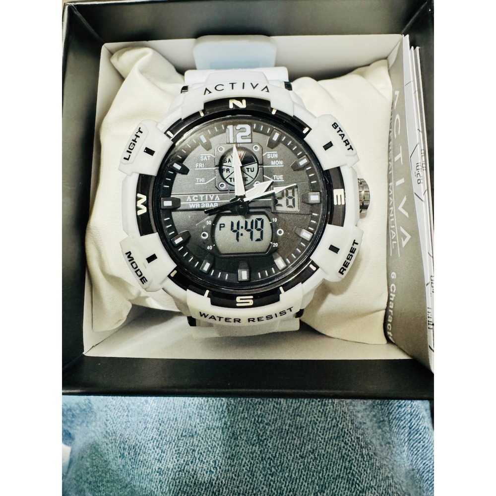 Activa Mens Analog Digital Sport Watch White Black World Time 3BAR New Box